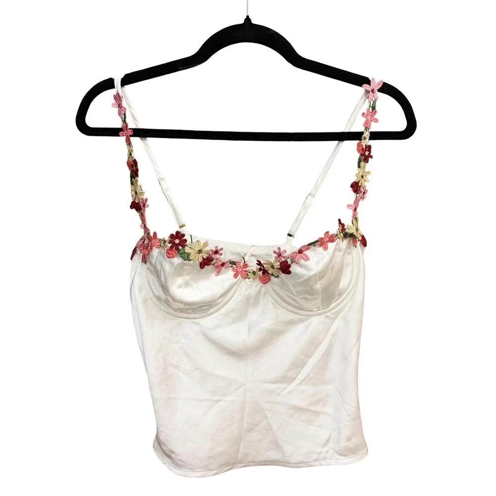 MORE TO COME Enid Bustier Floral Embellished White Camisole Top satin Revolve M - Picture 5 of 9